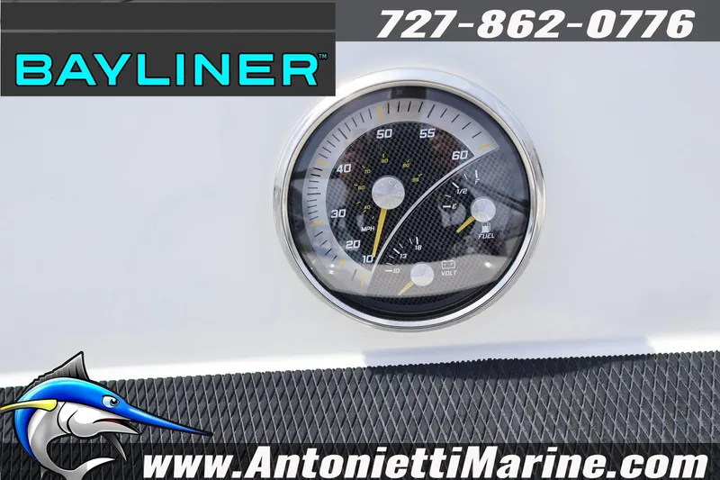 Slide: The Image of Bayliner Element M17 2026 dashboard with speedometer and fuel gauge, Antonietti Marine branding. - 16