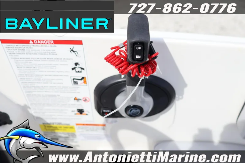 Slide: The Image of Throttle control of 2026 Bayliner Element M17 boat with safety lanyard and contact information. - 18