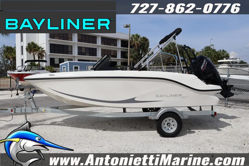 Slide: The Image of 2026 Bayliner Element M17 boat on trailer at Antonietti Marine dealership. - 2