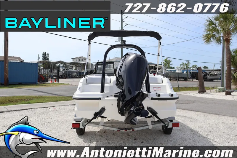 Slide: The Image of 2026 Bayliner Element M17 boat on trailer at Antonietti Marine dealership. - 3