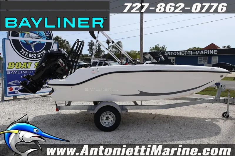 Slide: The Image of 2026 Bayliner Element M17 boat on trailer at Antonietti Marine dealership. - 4
