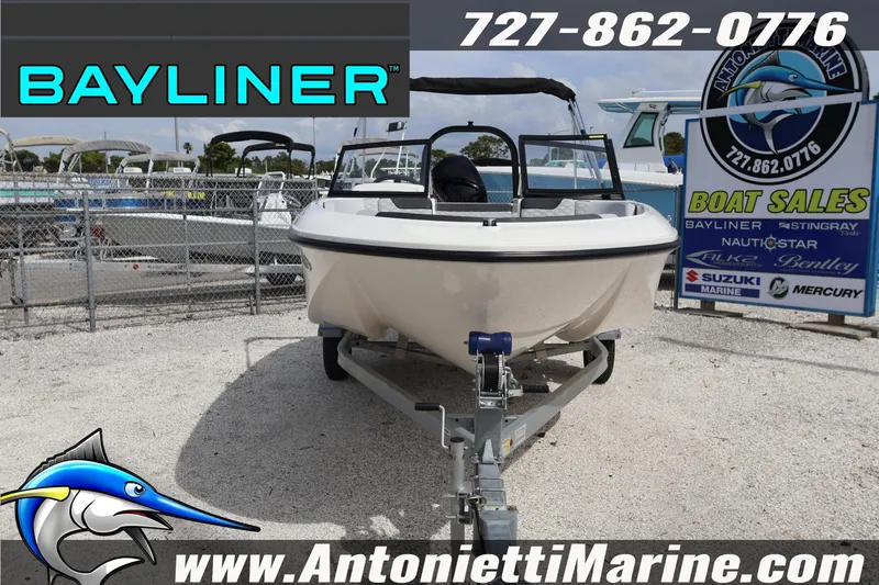 Slide: The Image of 2026 Bayliner Element M17 boat displayed at Antonietti Marine sales lot. - 5
