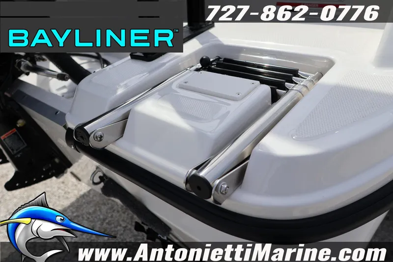 Slide: The Image of 2026 Bayliner Element M17 boat detail with contact info and Antonietti Marine branding. - 7