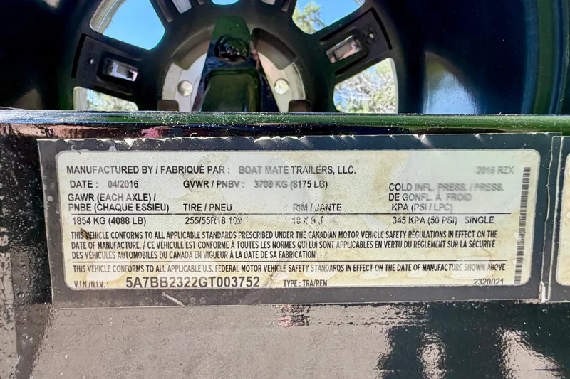 Slide: The Image of Label on 2016 Tigé RZX3 trailer detailing specifications and compliance information. - 44