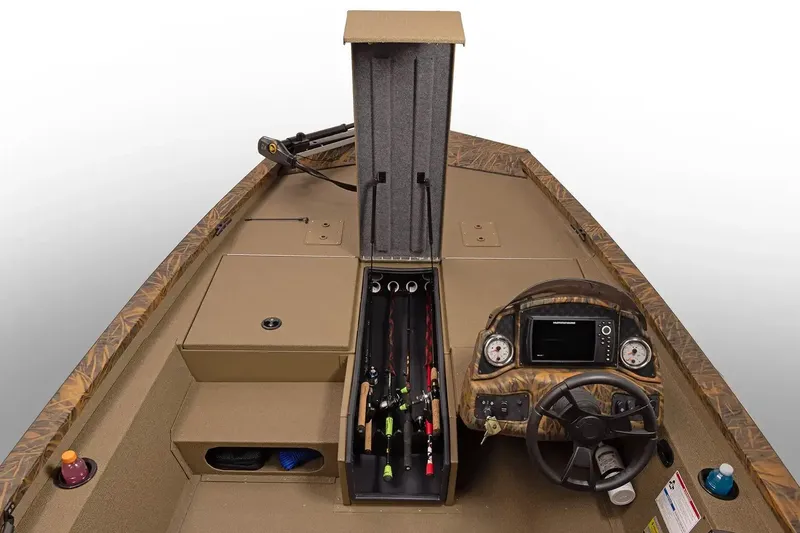 Slide: The Image of Manufacturer Provided Image: 2026 G3 Sportsman 1710 boat interior with rod storage and control panel. - 1