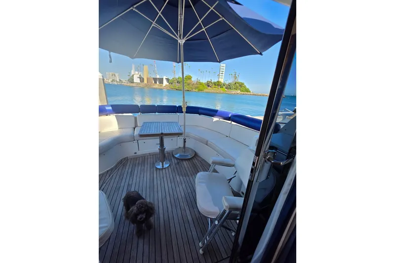 Slide: The Image of 2000 Neptunus 56 Express yacht deck with seating, table, umbrella, and a small dog. - 8