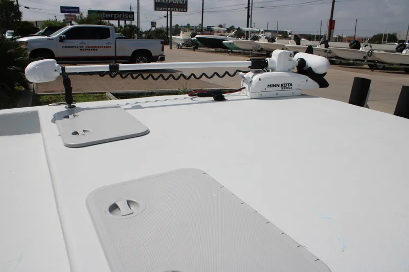 Slide: The Image of 2023 Shoalwater 19' Catamaran with Minn Kota Terrova trolling motor on deck. - 13