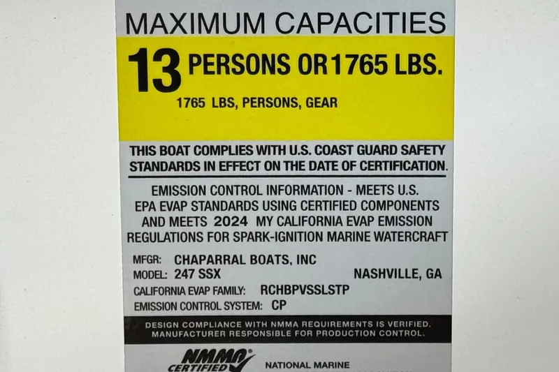 Slide: The Image of 2024 Chaparral 247 SSX boat capacity label, 13 persons or 1765 lbs, safety compliance. - 41