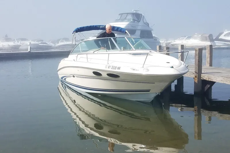The Image of 2001 Sea Ray 260 Overnighter boat docked at marina with misty background. - 0