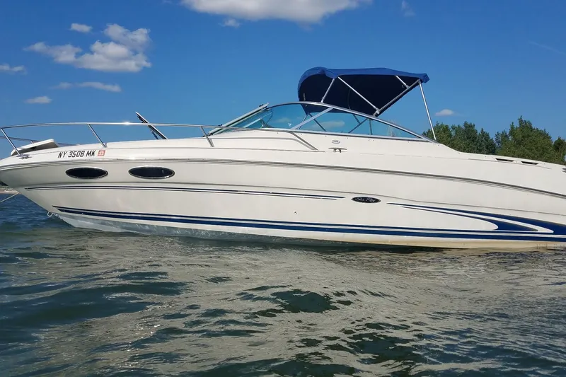 Slide: The Image of 2001 Sea Ray 260 Overnighter boat on water, blue canopy, clear sky background. - 1