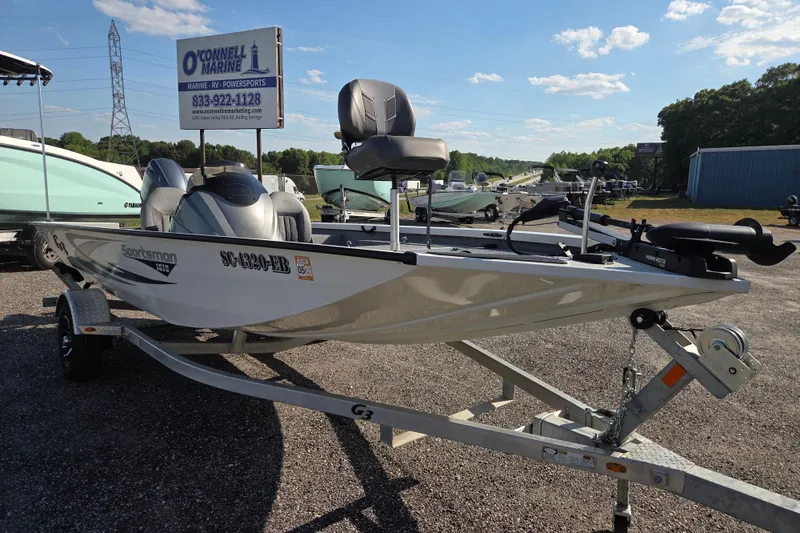 Slide: The Image of 2022 G3 Sportsman 1610 boat on trailer at O'Connell Marine dealership. - 2