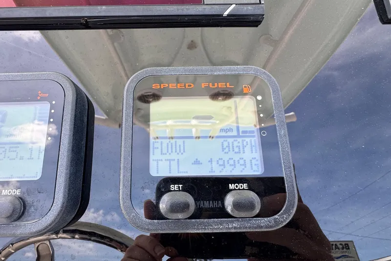 Slide: The Image of Digital display on 2014 Tidewater 250 CC Adventure boat showing speed and fuel data. - 16