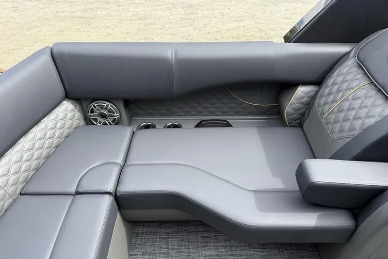 Slide: The Image of Luxurious seating on 2026 Godfrey Sanpan 2700 ULW Twin pontoon boat, featuring quilted upholstery. - 27
