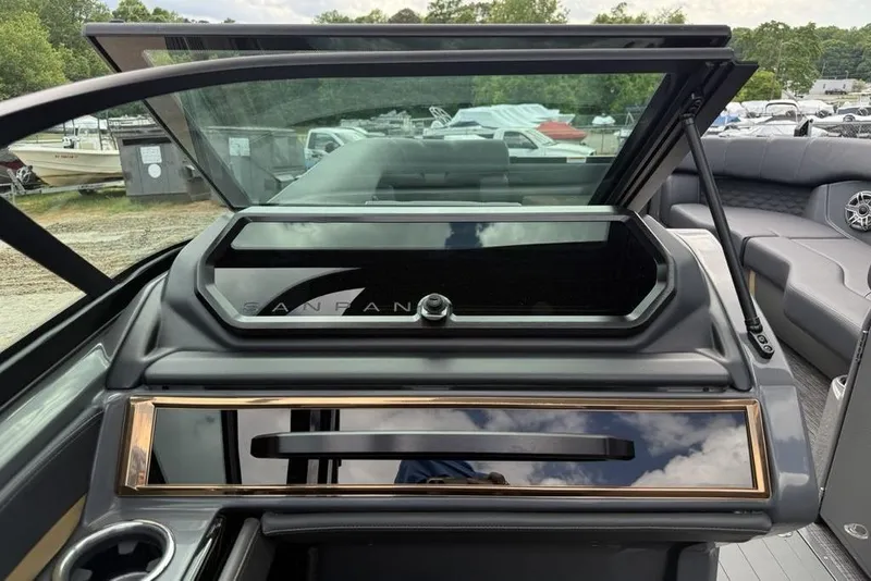 Slide: The Image of 2026 Godfrey Sanpan 2700 ULW Twin dashboard with sleek design and modern features. - 30