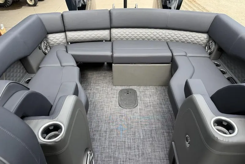 Slide: The Image of Luxurious seating on 2026 Godfrey Sanpan 2700 ULW Twin pontoon boat, featuring elegant gray upholstery. - 32