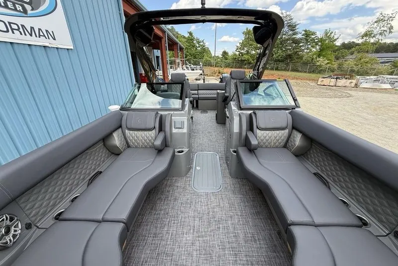 Slide: The Image of Luxurious interior of 2026 Godfrey Sanpan 2700 ULW Twin pontoon boat with plush seating. - 47