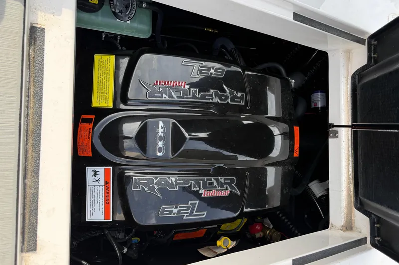 Slide: The Image of 2021 Moomba Kaiyen engine compartment featuring a Raptor Indmar 6.2L engine. - 5