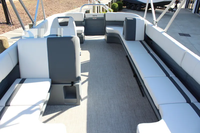 Slide: The Image of 2026 Tahoe Pontoon Aura boat interior with spacious seating and modern design. - 10