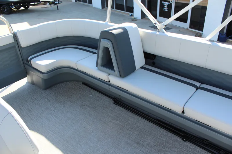 Slide: The Image of 2026 Tahoe Pontoon Aura boat interior with sleek, modern seating design. - 5