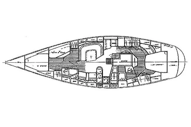 Slide: The Image of Floor plan of a 1986 Tayana 52 Center Cockpit sailboat, showing interior layout. - 70