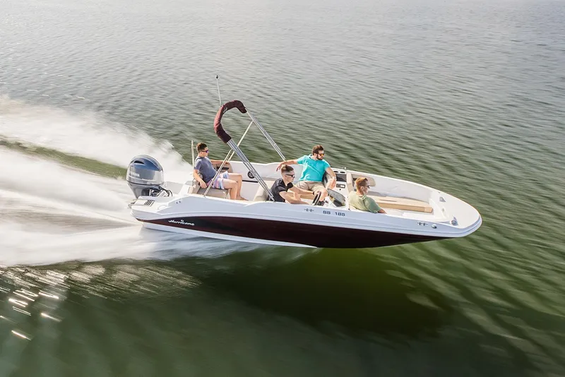 Slide: The Image of Manufacturer Provided Image: 2022 Hurricane SunDeck Sport 185 OB speeding on water with passengers. - 0
