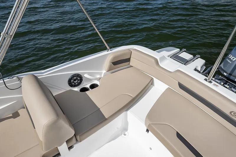 Slide: The Image of Manufacturer Provided Image: 2022 Hurricane SunDeck Sport 185 OB boat interior with beige seating and cup holders. - 9