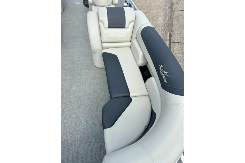 Slide: The Image of Luxurious seating on 2023 Sun Chaser Geneva boat, featuring elegant gray and black upholstery. - 24