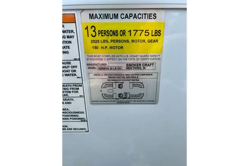 Slide: The Image of 2023 Sun Chaser Geneva boat capacity label, 13 persons or 1775 lbs, 150 HP motor. - 38