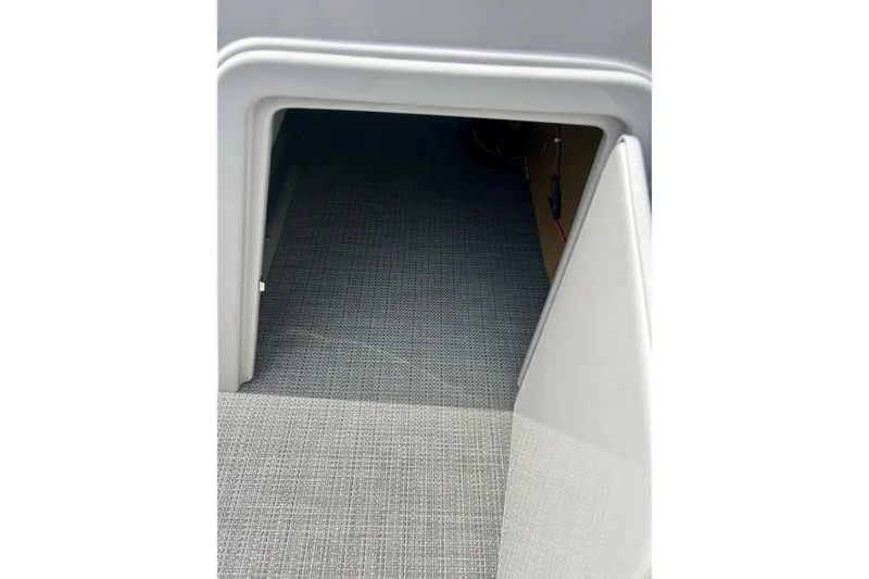 Slide: The Image of Storage compartment in 2023 Sun Chaser Geneva boat, featuring carpeted interior. - 60