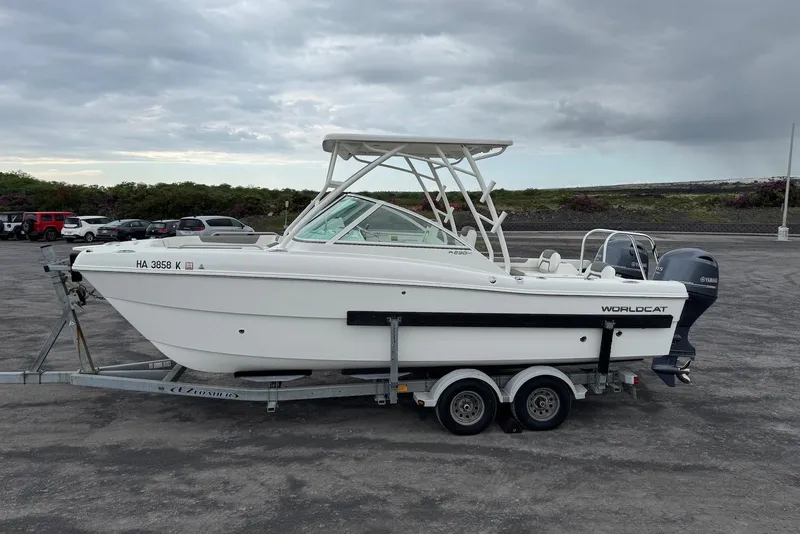 Slide: The Image of 2020 World Cat 230 DC boat on trailer, parked outdoors under cloudy sky. - 2