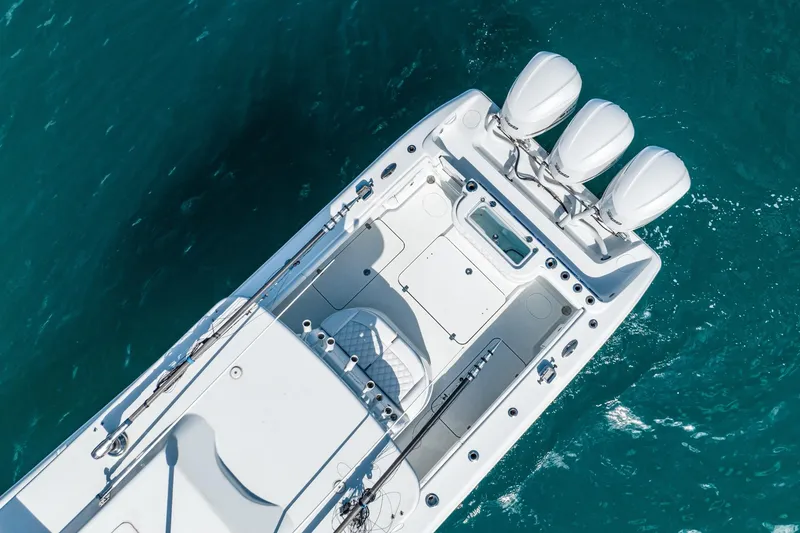 Slide: The Image of Aerial view of 2020 Yellowfin 36 Offshore boat on blue water. - 16