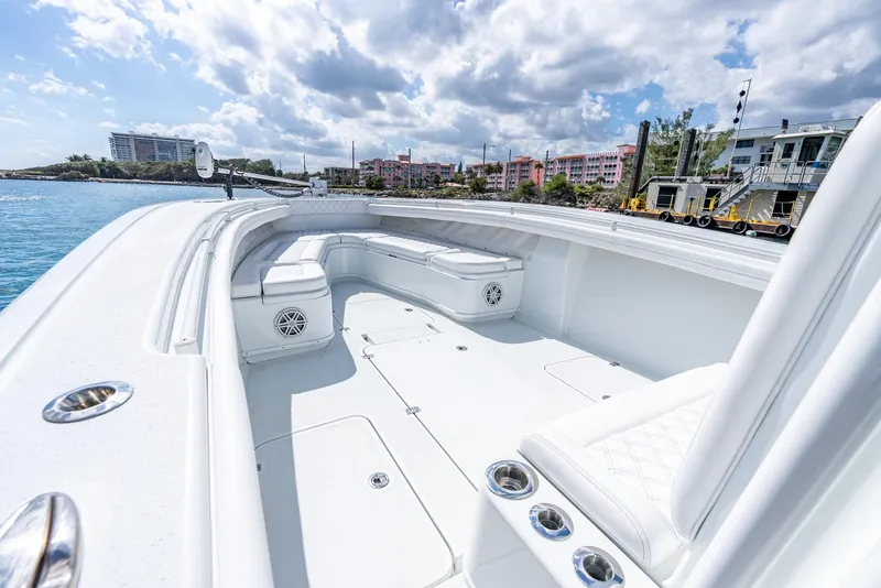Slide: The Image of Interior view of 2020 Yellowfin 36 Offshore, spacious deck with seating. - 28