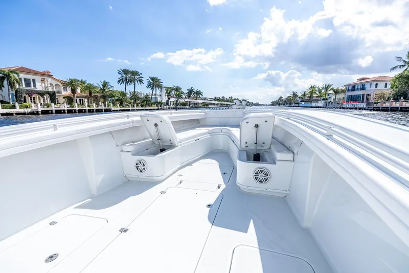 Slide: The Image of Interior view of Yellowfin 36 Offshore boat, 2020 model, on a sunny waterway. - 30