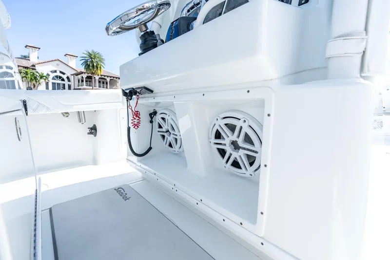 Slide: The Image of Interior view of 2020 Yellowfin 36 Offshore boat with speakers. - 36
