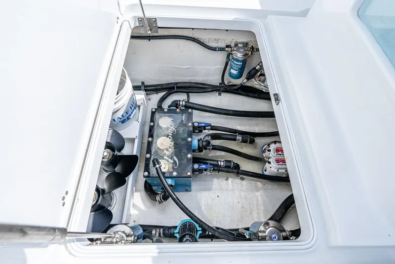 Slide: The Image of Engine compartment of 2020 Yellowfin 36 Offshore with wiring and components. - 42