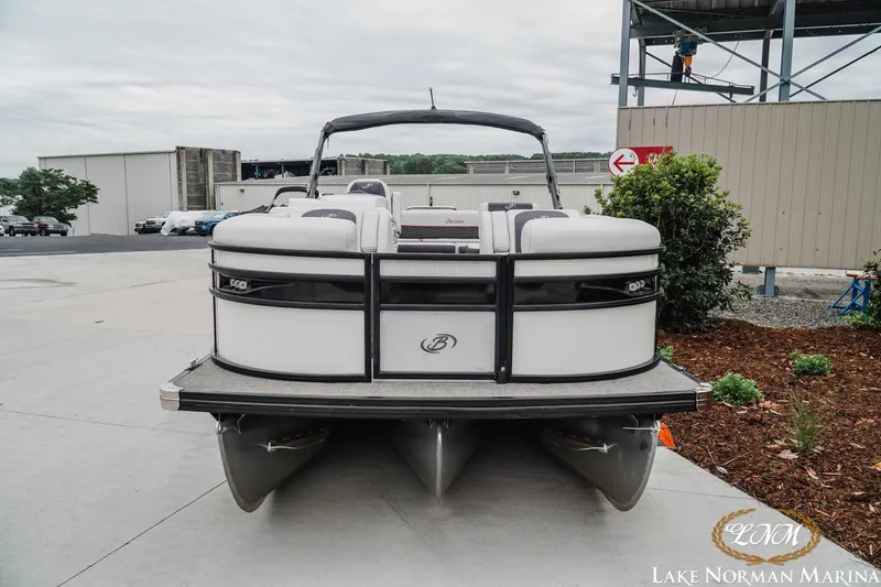Slide: The Image of 2023 Barletta X23U pontoon boat at Lake Norman Marina, front view. - 4