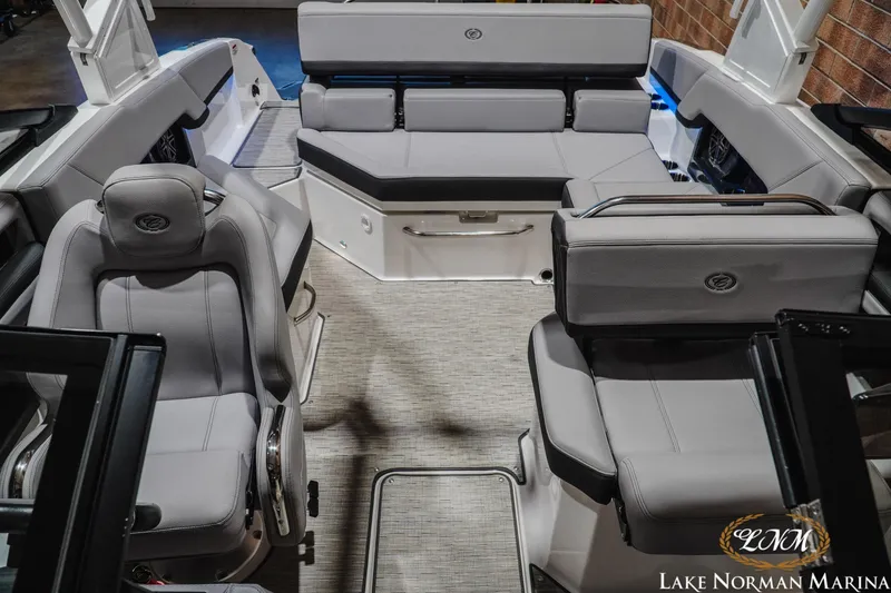 Slide: The Image of Interior of 2025 Cobalt R4 boat with luxurious gray seating at Lake Norman Marina. - 17