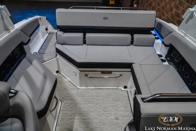 Slide: The Image of 2025 Cobalt R4 boat interior with luxurious gray seating and modern design at Lake Norman Marina. - 19