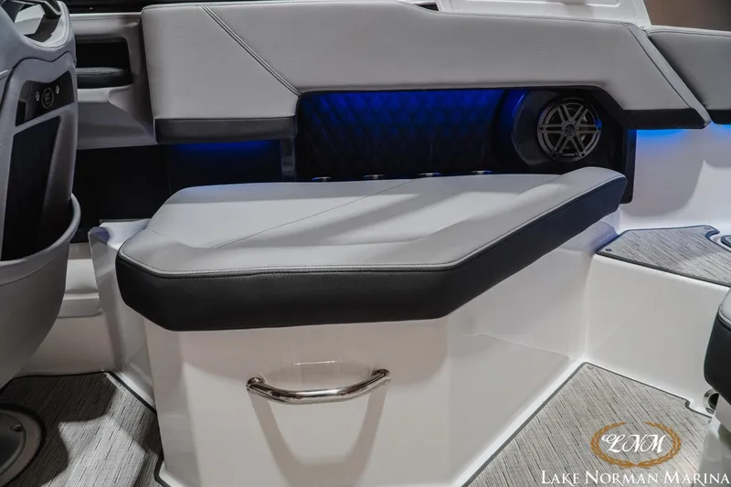 Slide: The Image of Interior seating of 2025 Cobalt R4 boat with blue LED lighting. - 21