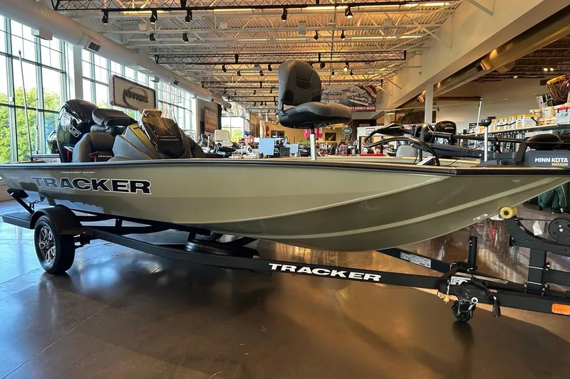 The Image of 2026 Tracker Pro Team 190 boat displayed indoors on a trailer. - 0