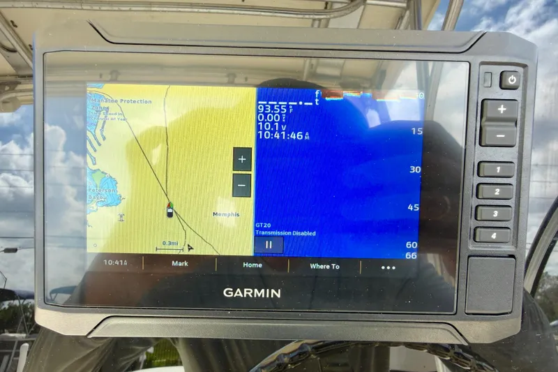 Slide: The Image of Garmin GPS display on 2007 World Cat 250 DC boat, showing navigation and depth data. - 12
