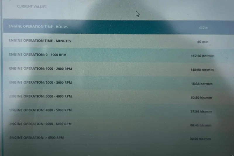 Slide: The Image of Engine operation data for 2007 World Cat 250 DC, showing RPM hours and minutes. - 39
