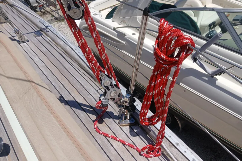 Slide: The Image of Red sailing ropes on Kaufman Skye 51 yacht deck, 1981 model. - 62
