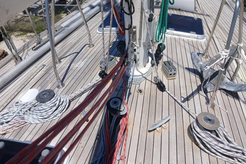 Slide: The Image of Deck of 1981 Kaufman Skye 51 sailboat with ropes and winches. - 64