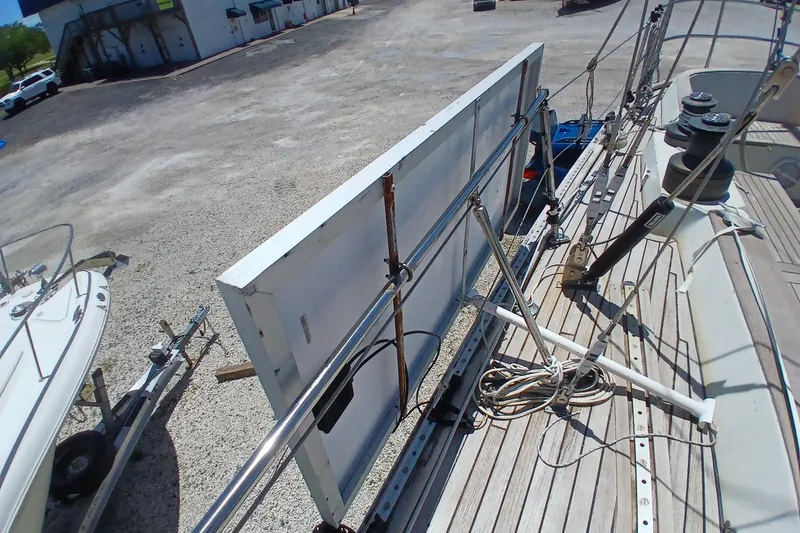 Slide: The Image of Deck of 1981 Kaufman Skye 51 sailboat with equipment and railing. - 78