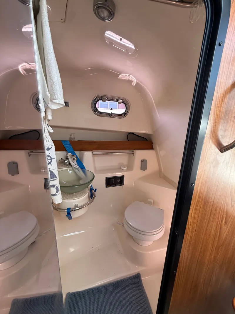 Slide: The Image of Interior of a 2011 Pursuit 315 OS with toilet and sink. - 5