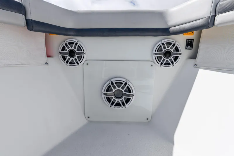 Slide: The Image of Speakers on a 2019 Yellowfin 42 Offshore boat, featuring modern audio equipment. - 32