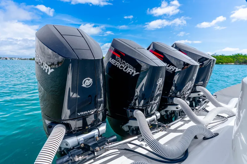 Slide: The Image of Four powerful Mercury Verado outboard engines on a 2019 Yellowfin 42 Offshore boat. - 38
