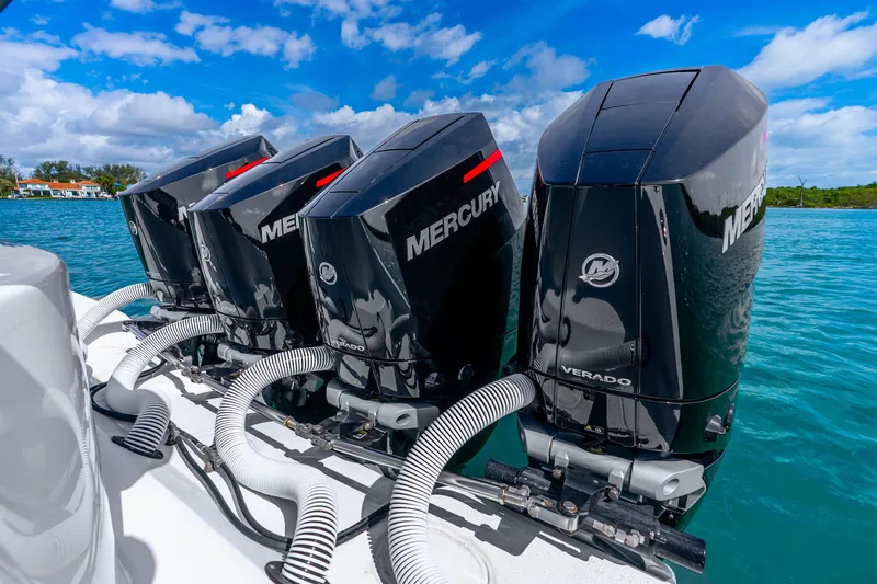Slide: The Image of Four Mercury Verado outboard engines on a 2019 Yellowfin 42 Offshore boat. - 40