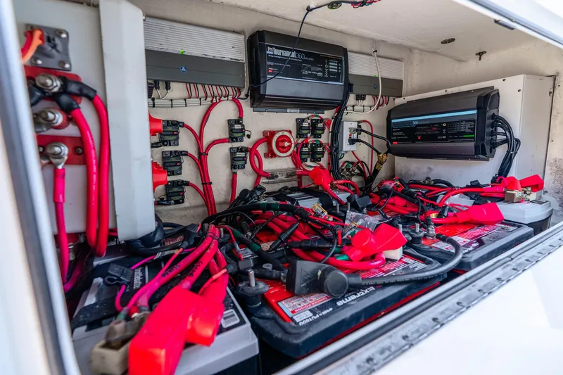 Slide: The Image of Electrical system of a 2019 Yellowfin 42 Offshore boat with batteries and wiring. - 42